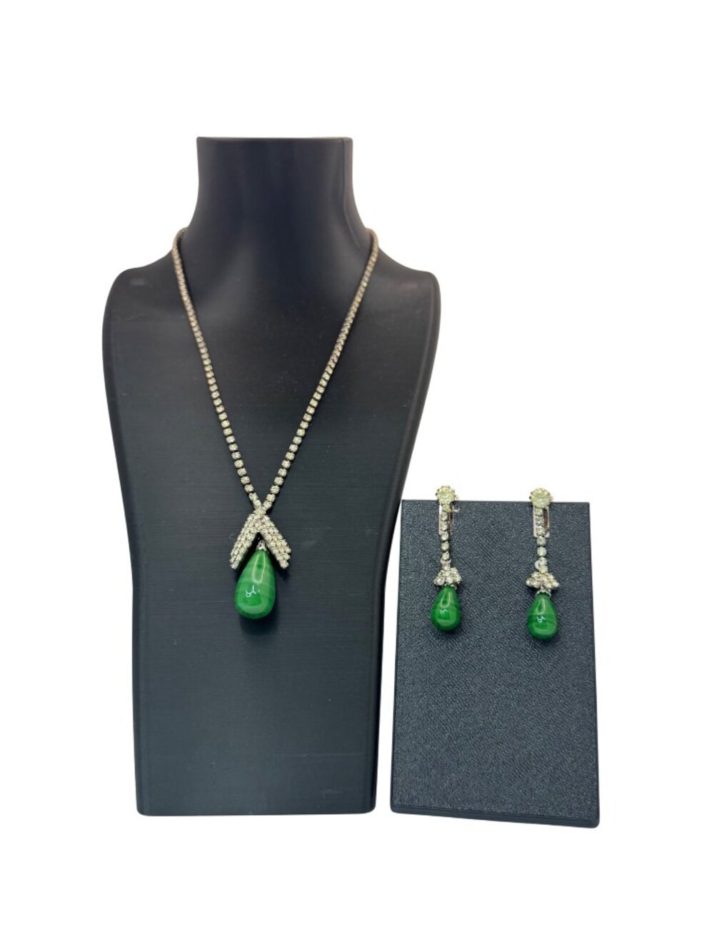 Vintage Signed Kramer Green Faux Jade Teardrop Necklace Earrings Set Rhinestones